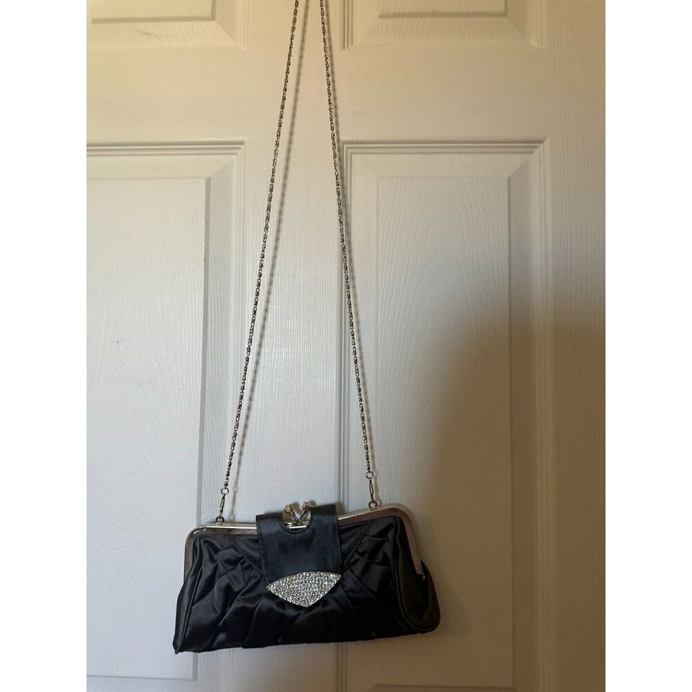 Black Satin Evening Clutch Silver Frame & Chain Strap NWOT